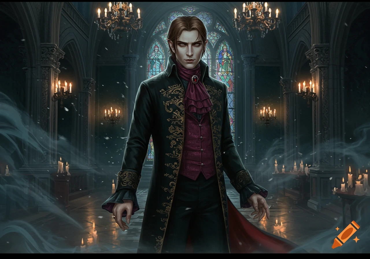A male vampire in ornate gothic attire stands in a dark, candlelit hall with stained glass windows. Fantasy illustration.