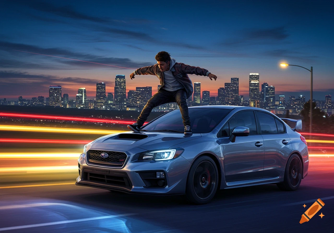A young person balances on the hood of a silver Subaru WRX on a road at dusk, with a city skyline and light trails in the background.
