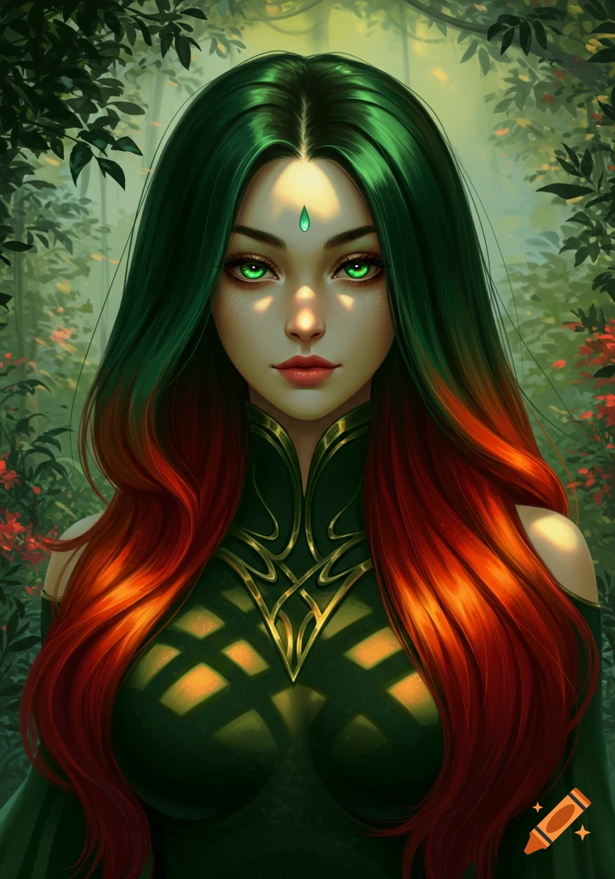 A mystical woman with vibrant green and red hair, glowing green eyes, and a jewel on her forehead stands in a sunlit forest.