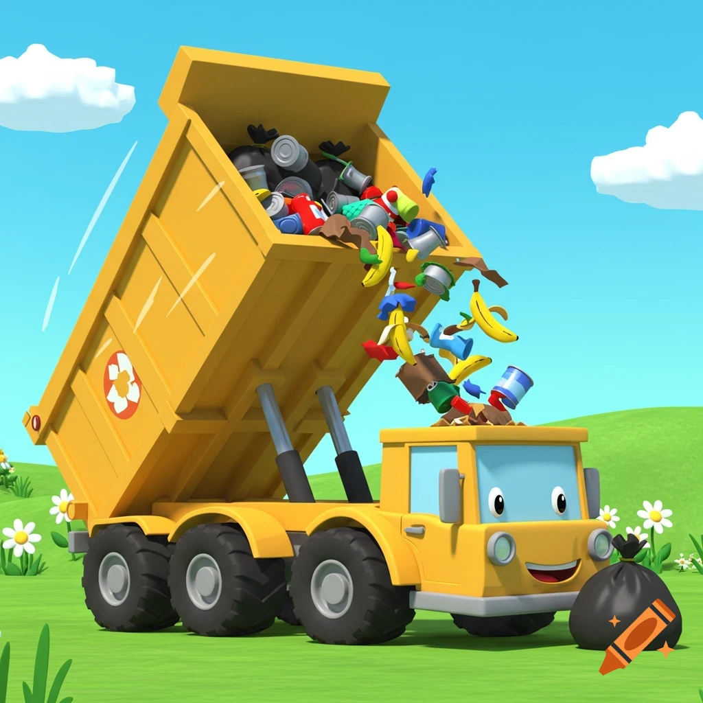 A cheerful cartoon dump truck dumps a pile of colorful garbage, including bananas and cans, in a green field under a blue sky.