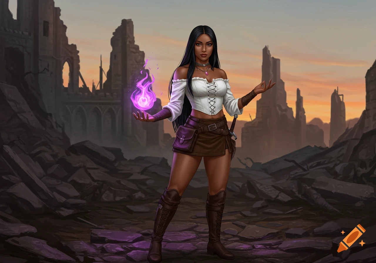 A beautiful dark-haired sorceress in a white corset top and brown miniskirt stands on a battlefield, holding purple magic fire before a ruined castle at twilight.