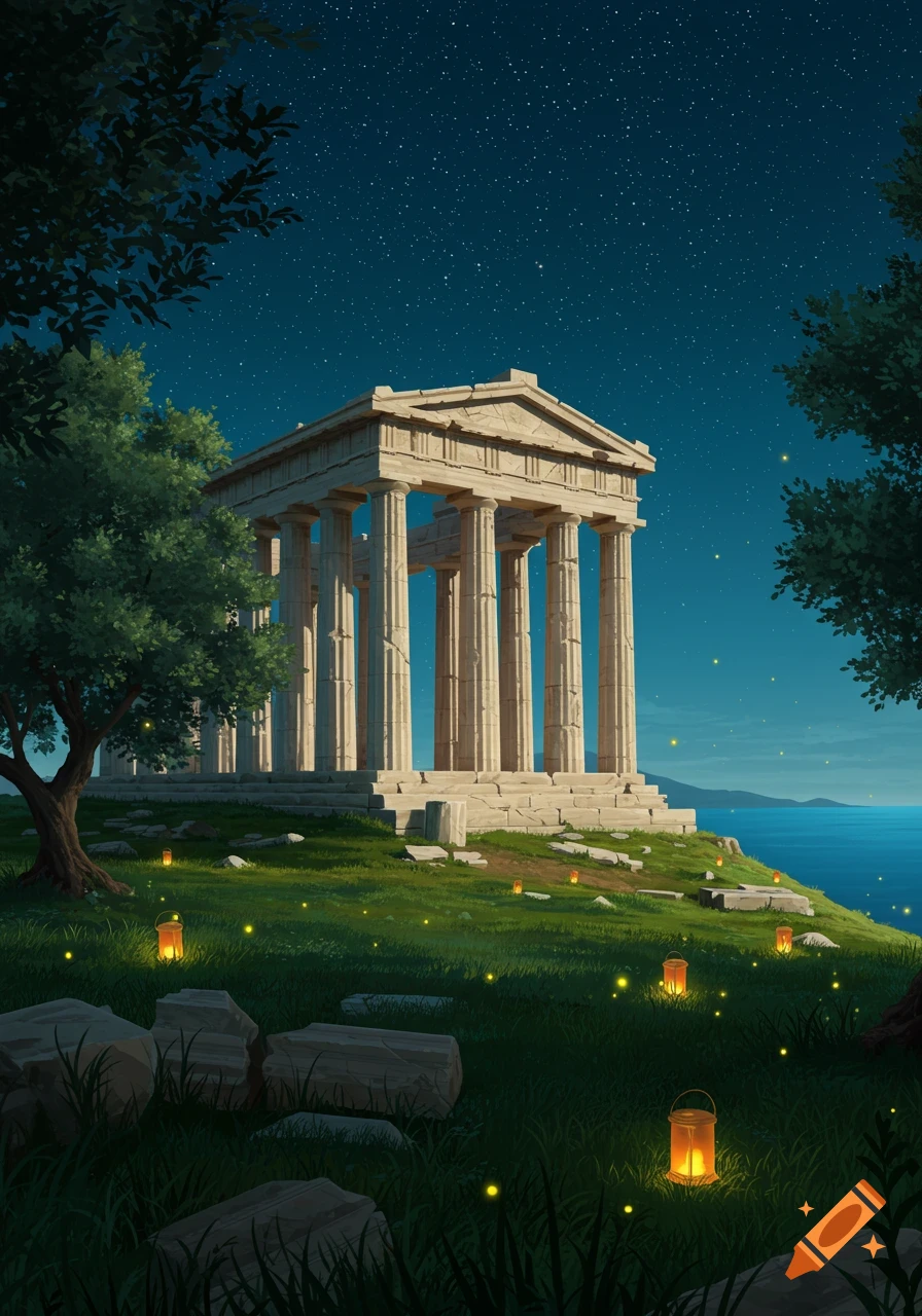 An ancient Greek temple ruin sits on a grassy hill overlooking the sea at night, lit by fireflies and lanterns under a starry sky.