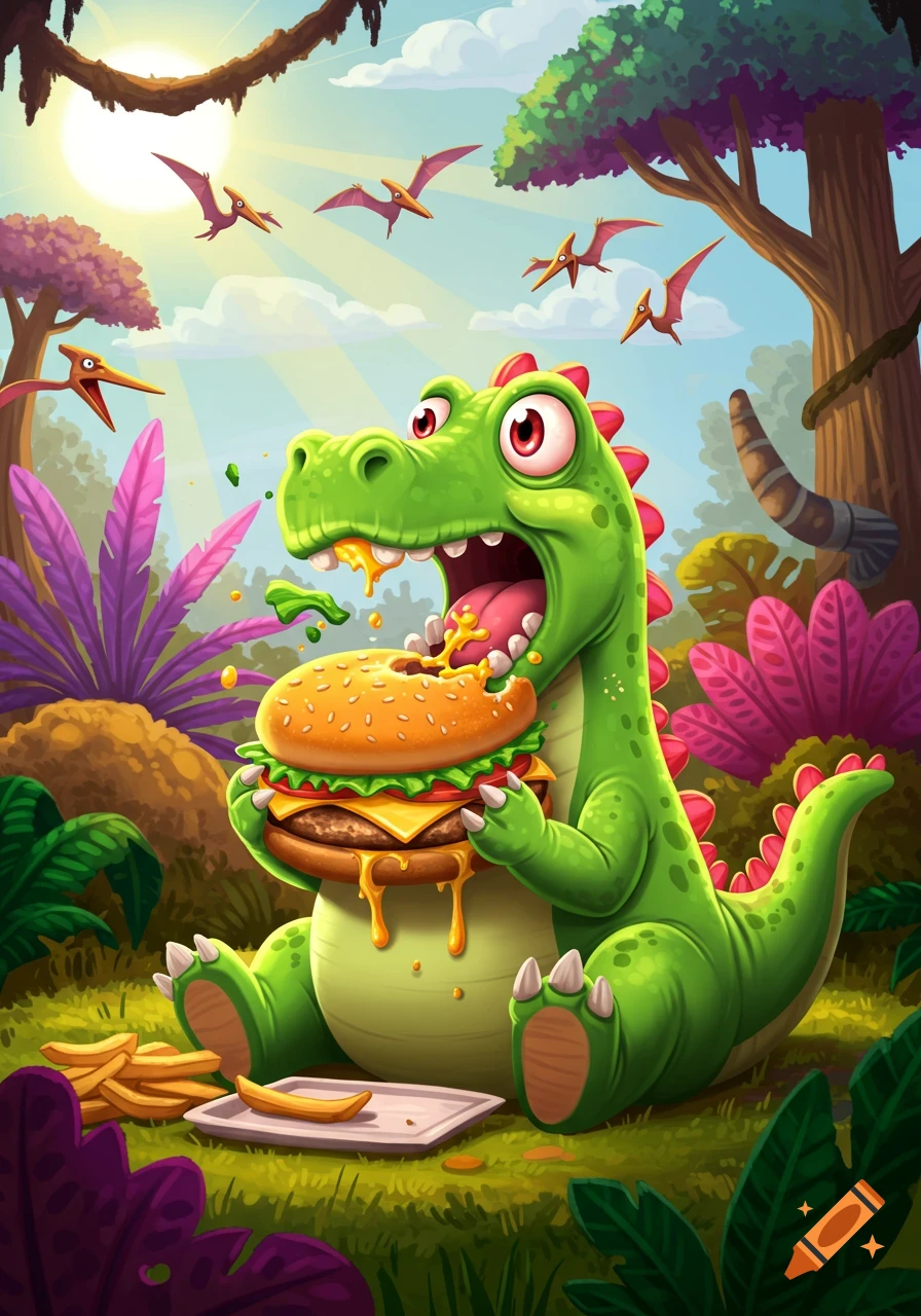 A goofy green cartoon dinosaur with red spikes eagerly devours a large cheeseburger in a vibrant jungle, surrounded by flying pterodactyls.