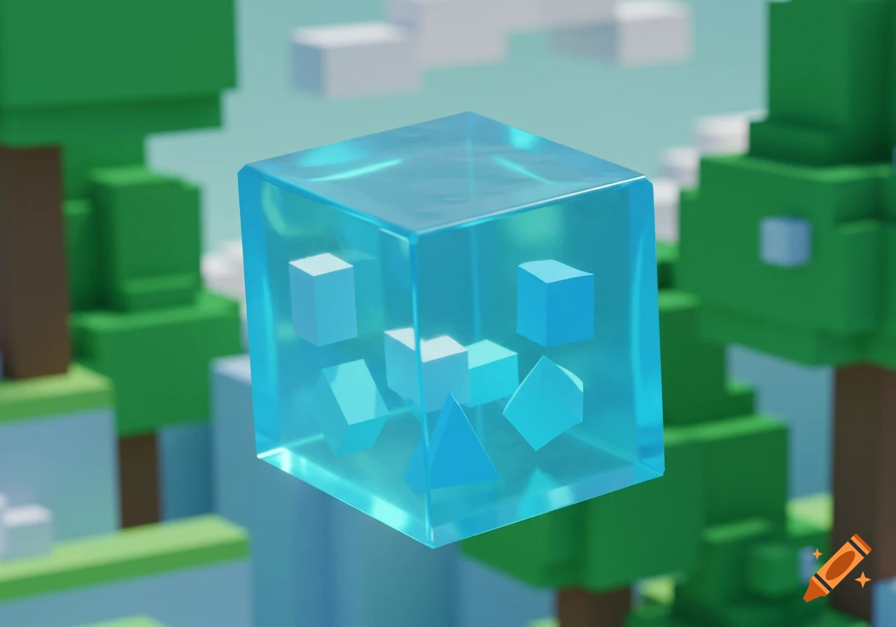 A translucent blue cube containing geometric shapes floats in a blocky, pixelated landscape, reminiscent of a Roblox game.