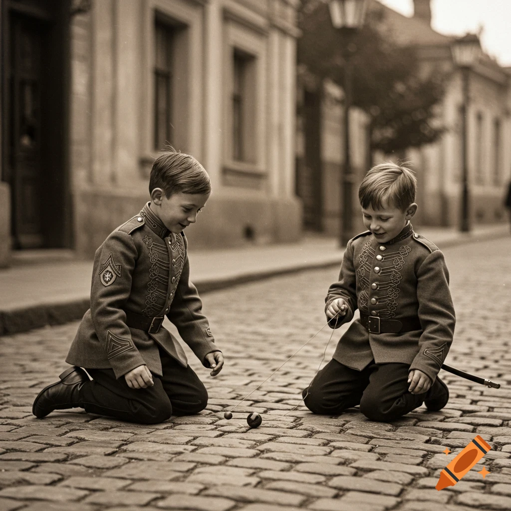 Two boys in sepia-toned military-style uniforms kneel on a cobblestone street, playing a game with a string and marbles.