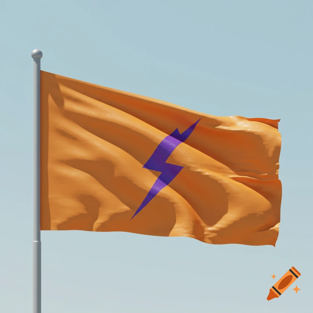 An orange flag with a purple lightning bolt waves against a clear blue sky.