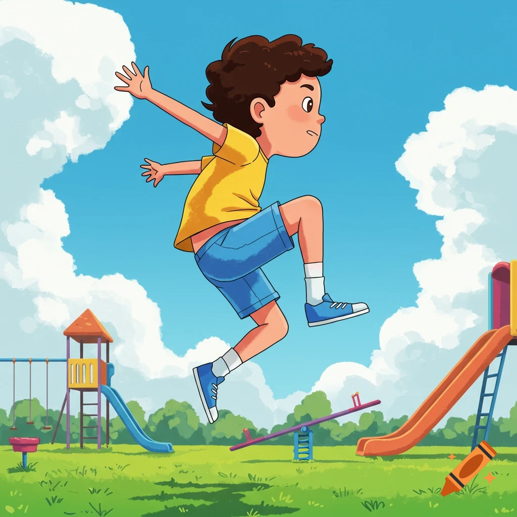 A cartoon boy with curly brown hair jumps high in a sunny playground, with slides and a seesaw visible in the background.