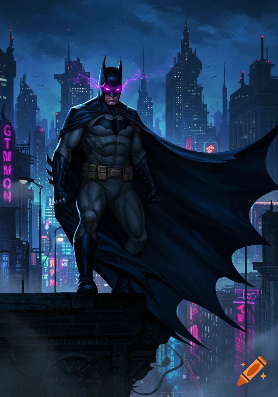 Batman with glowing purple eyes stands on a Gotham rooftop at night, overlooking a neon-lit futuristic city. Digital comic art style.