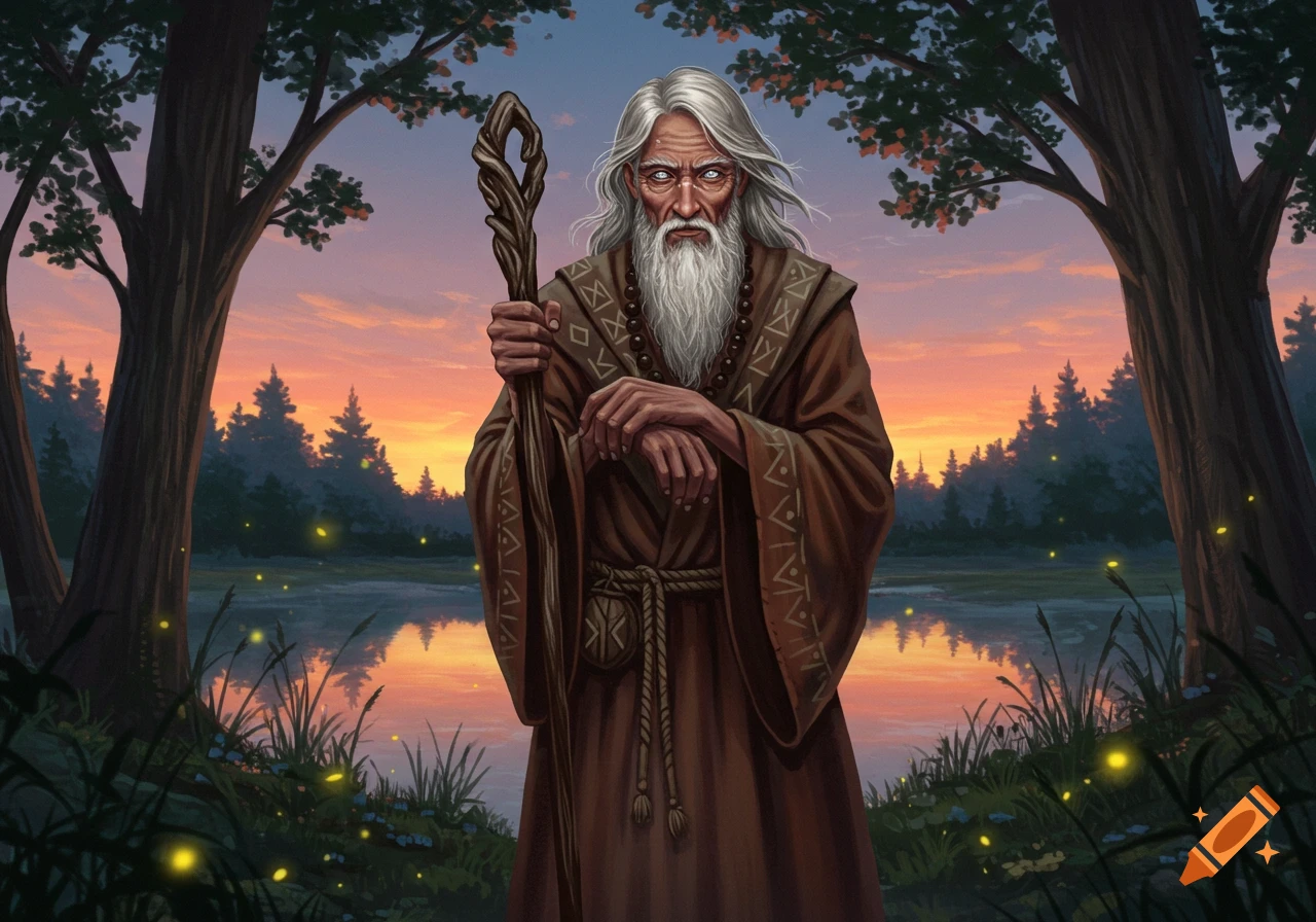 An old sage with a long white beard and staff stands by a lake at sunset with fireflies.