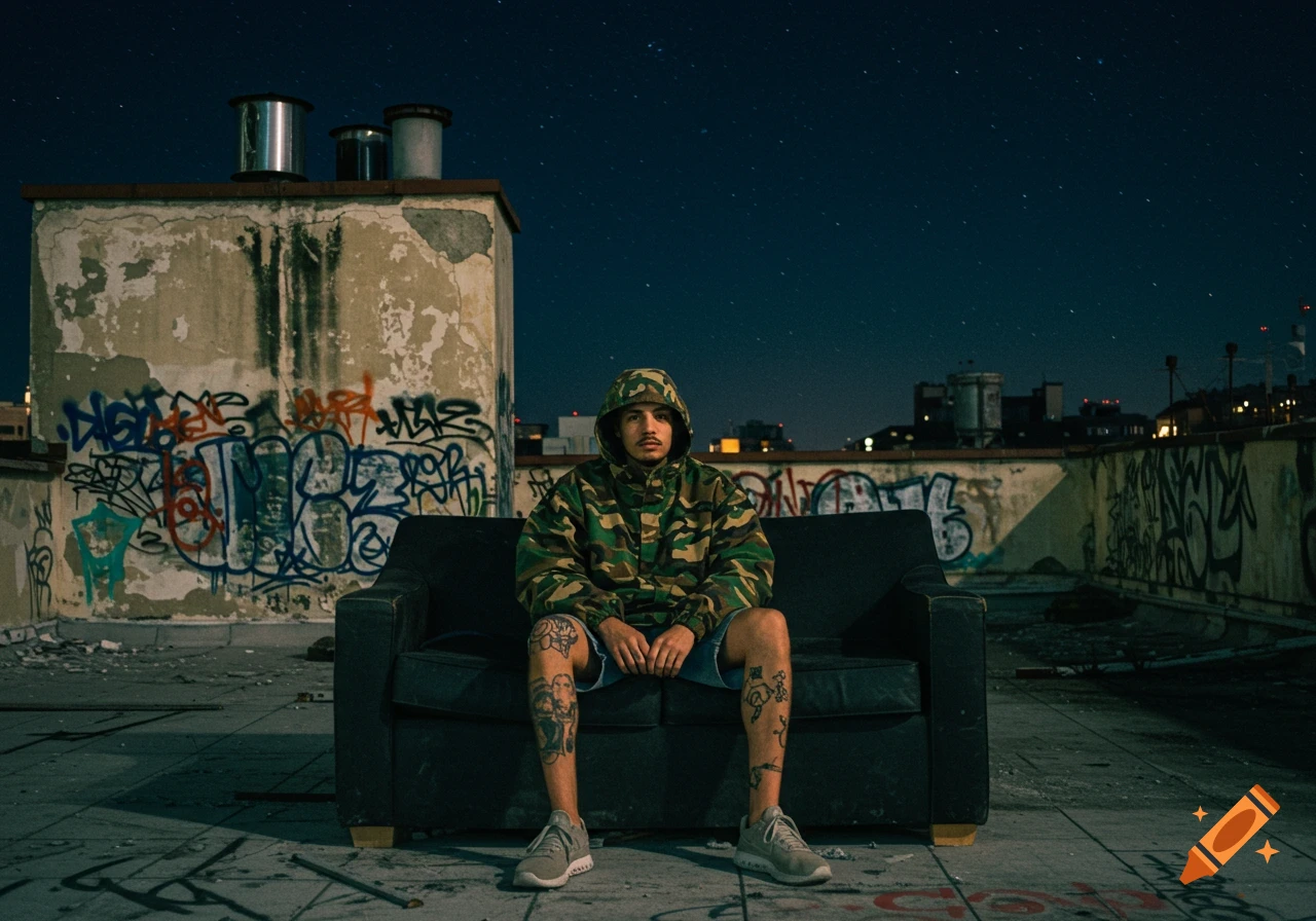 A man in a camo jacket and shorts with tattooed legs sits on a black sofa on a graffiti-covered rooftop at night under a starry sky.