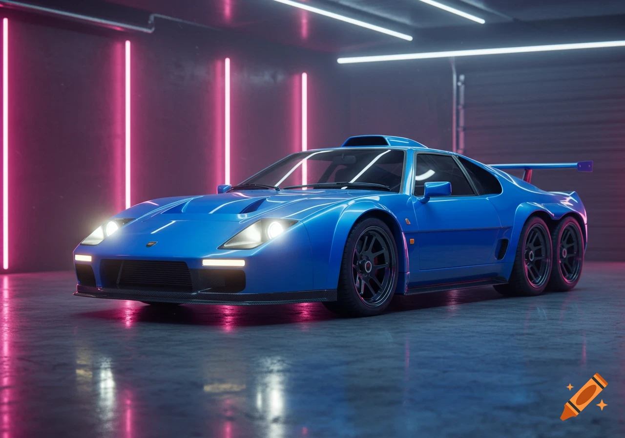 A sleek blue six-wheeled sports car with bright headlights parked in a dark garage illuminated by pink and white neon lights.