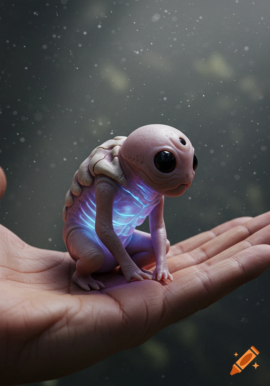 A small, glowing, pink, alien-like creature with large black eyes sits in the palm of a human hand, in a dark, misty setting.