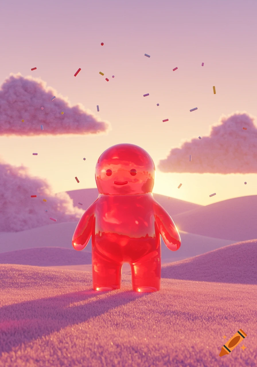A shiny, translucent red jelly figure with a smiling face stands in a pink, sugary landscape under a pastel sunset sky with colorful sprinkles falling.