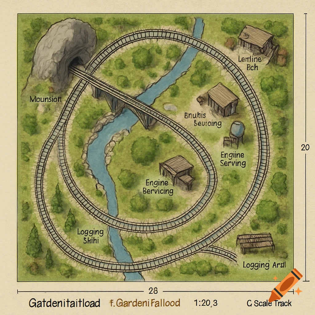 An overhead watercolor illustration of a garden railroad layout plan with a winding track, a river, a mountain tunnel, bridges, and buildings.