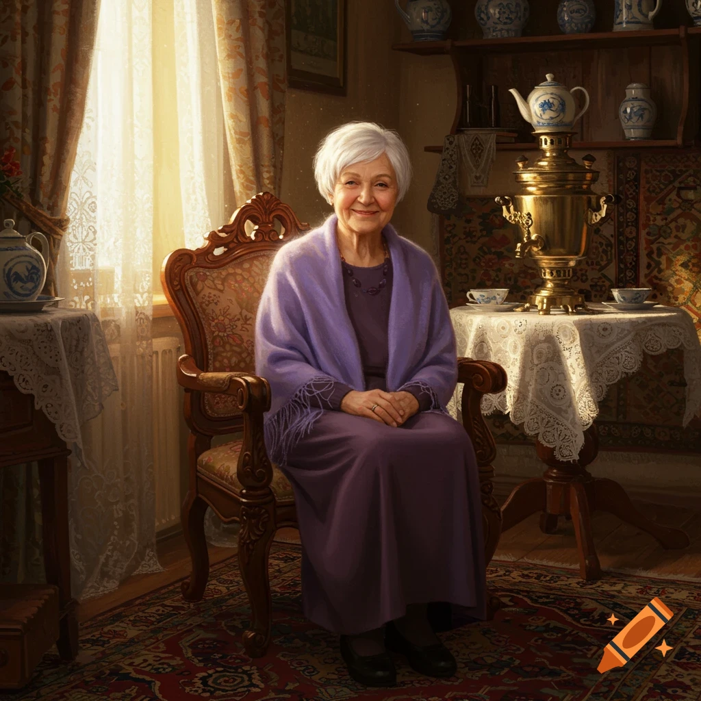 An elderly woman with white hair and a purple outfit sits smiling in an ornate chair in a sunlit room with a samovar.