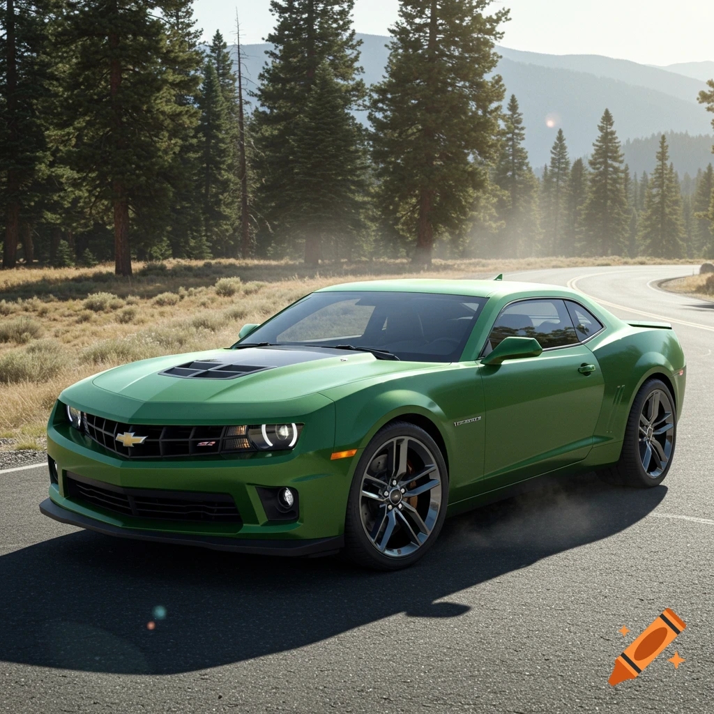 A green Chevrolet Camaro ZL1 drives on a winding road through a sunlit forest.