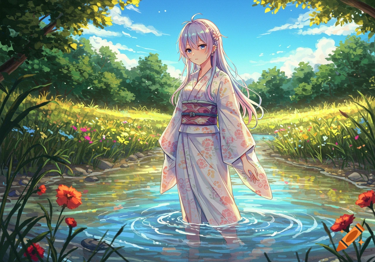 An anime girl with long, light purple hair stands in a shallow river surrounded by lush green trees and colorful wildflowers under a bright blue sky.