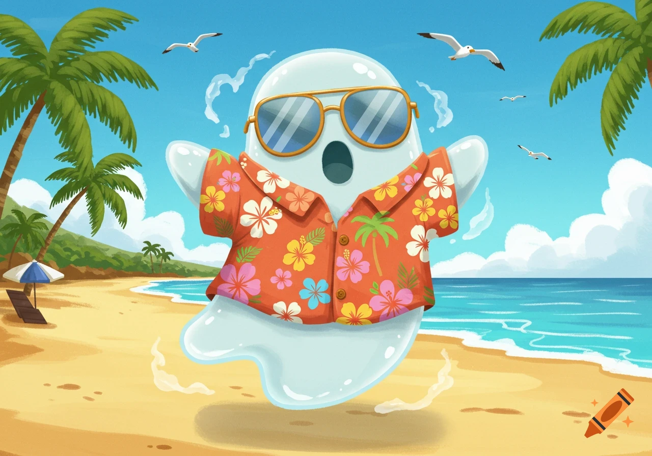 A cute cartoon ghost in an orange Hawaiian shirt and sunglasses floats on a sunny beach with palm trees, blue ocean, and seagulls.