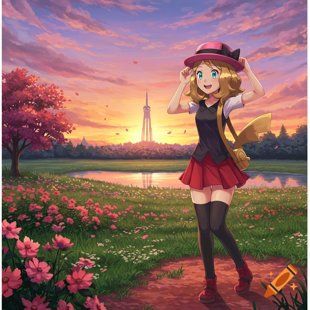Serena from Pokémon smiles in a field of pink flowers beside a pond and distant tower at sunset, anime style.
