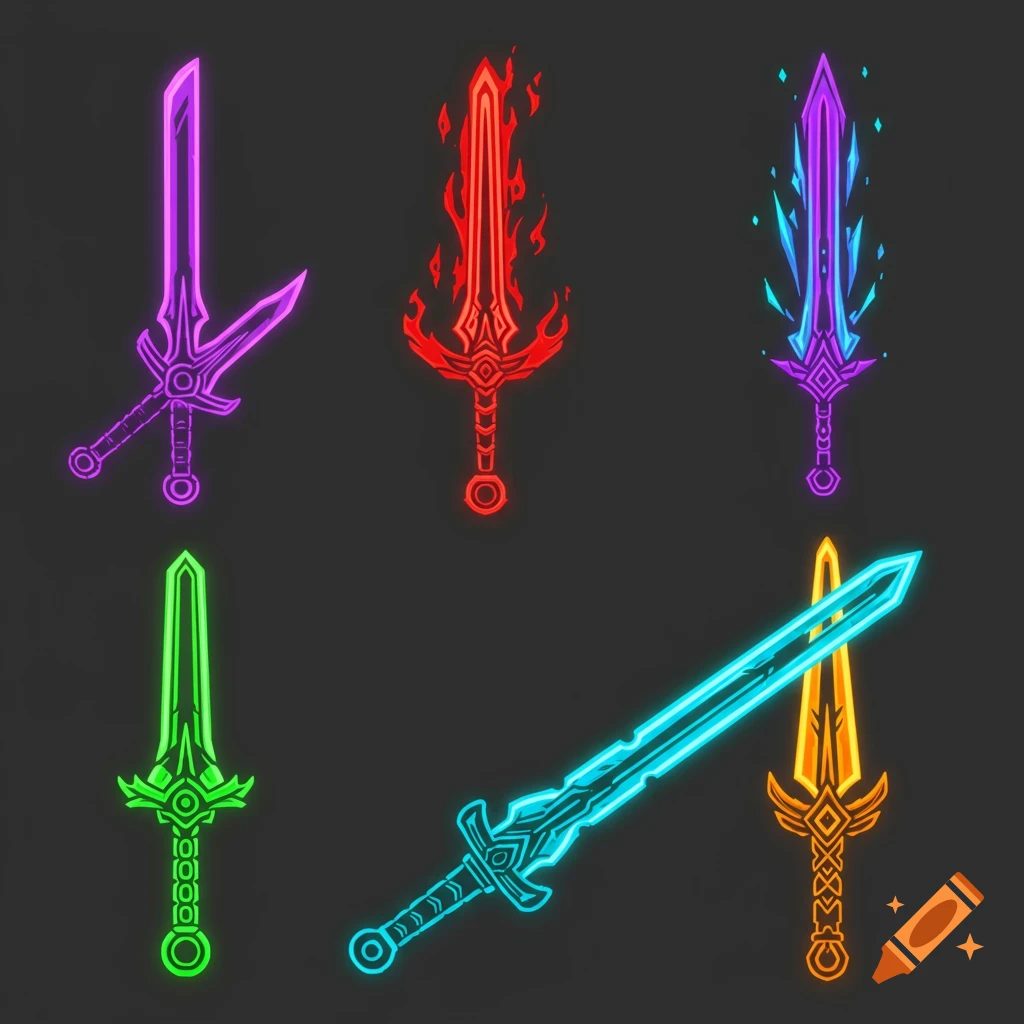 Six vibrant neon glowing swords on a dark background, in various colors including purple, red, blue, green, and orange.