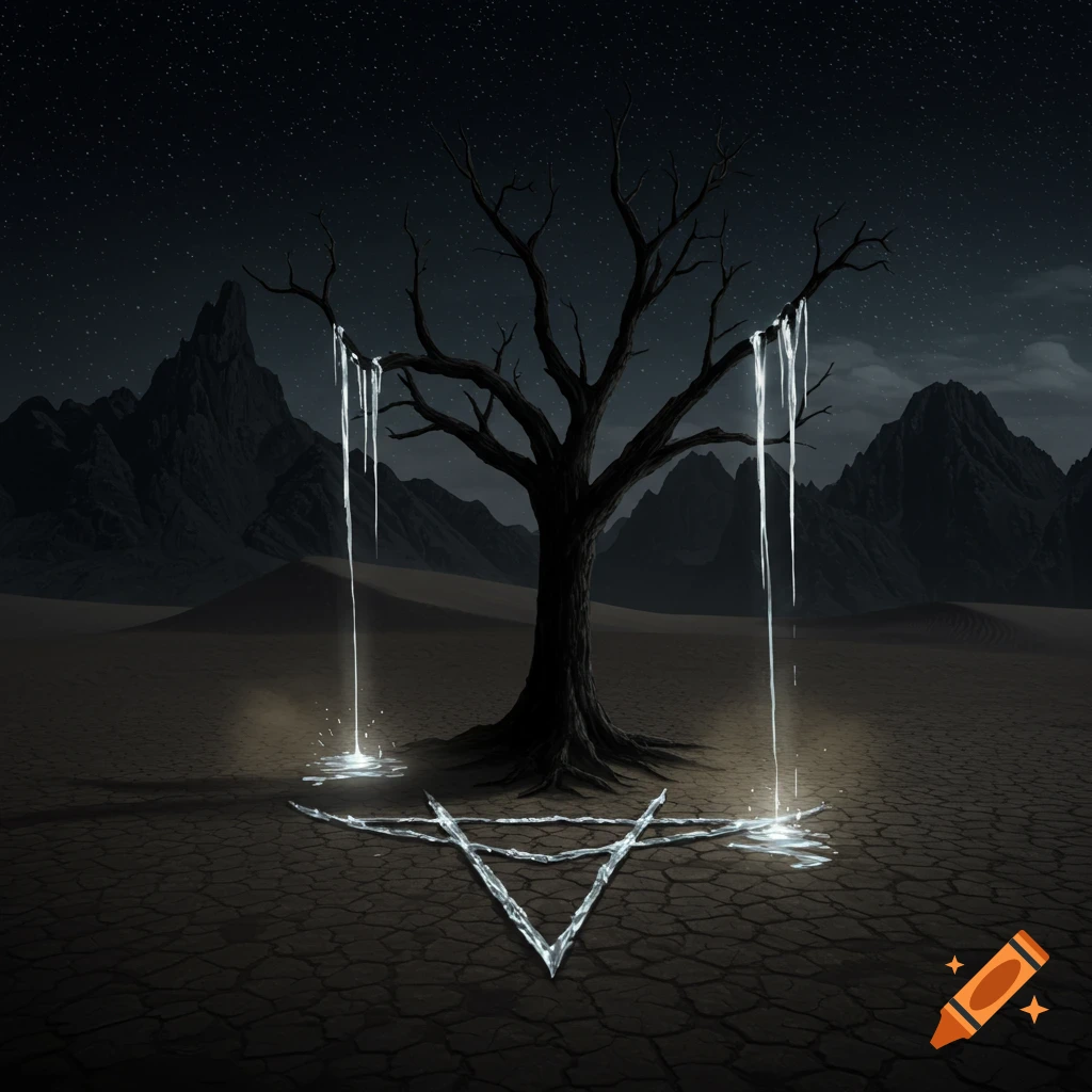 A dark desert night with a barren tree leaking glowing mercury that forms a water symbol on the cracked ground, framed by mountains and a starry sky.
