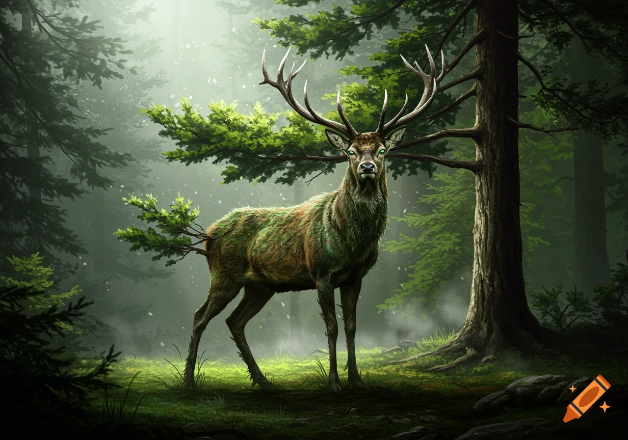 A fantastical deer with mossy fur and tree branches fused to its body stands in a mystical, misty forest.