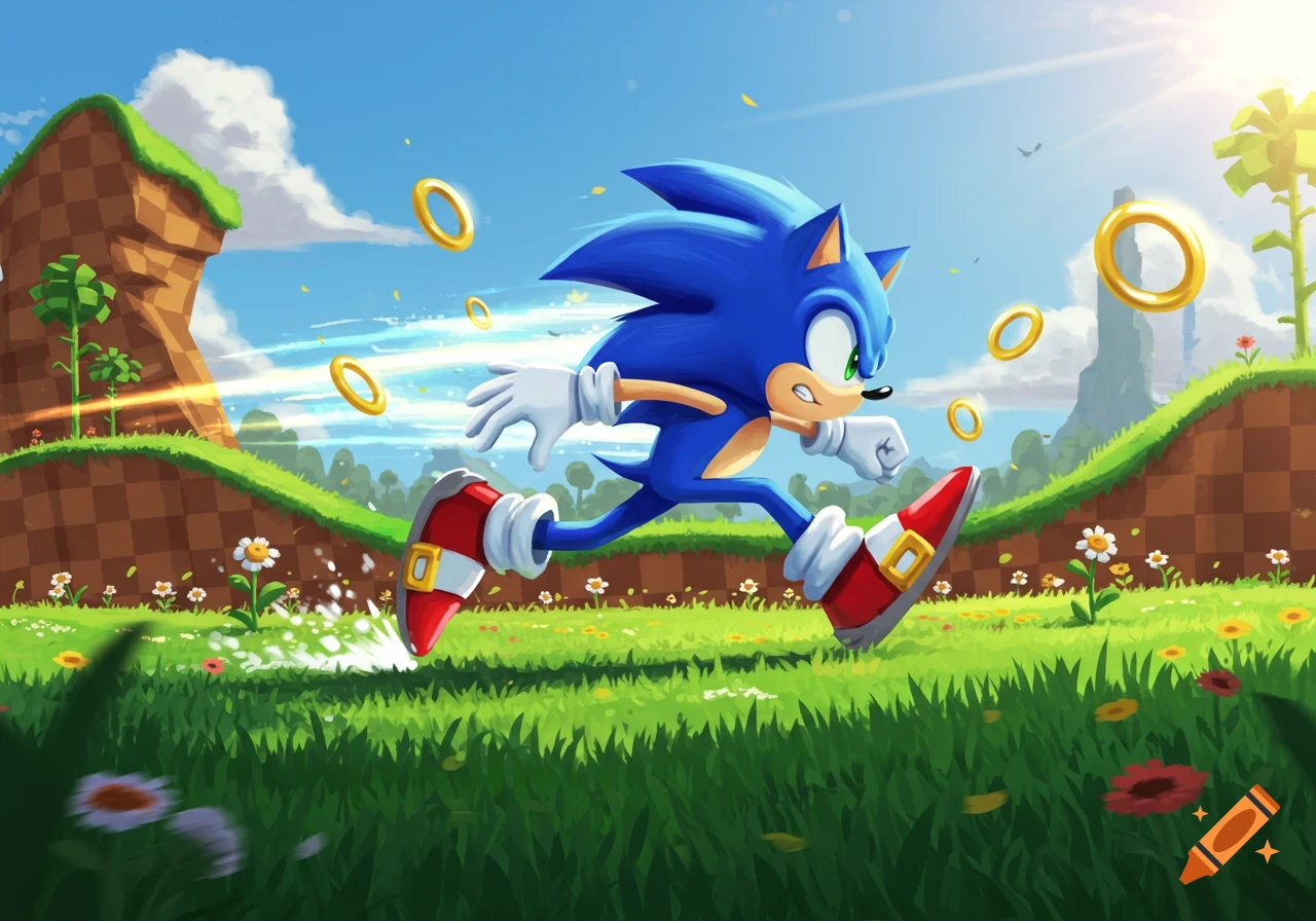 Vibrant cartoon of Sonic the Hedgehog running through a green landscape, collecting golden rings under a bright blue sky.