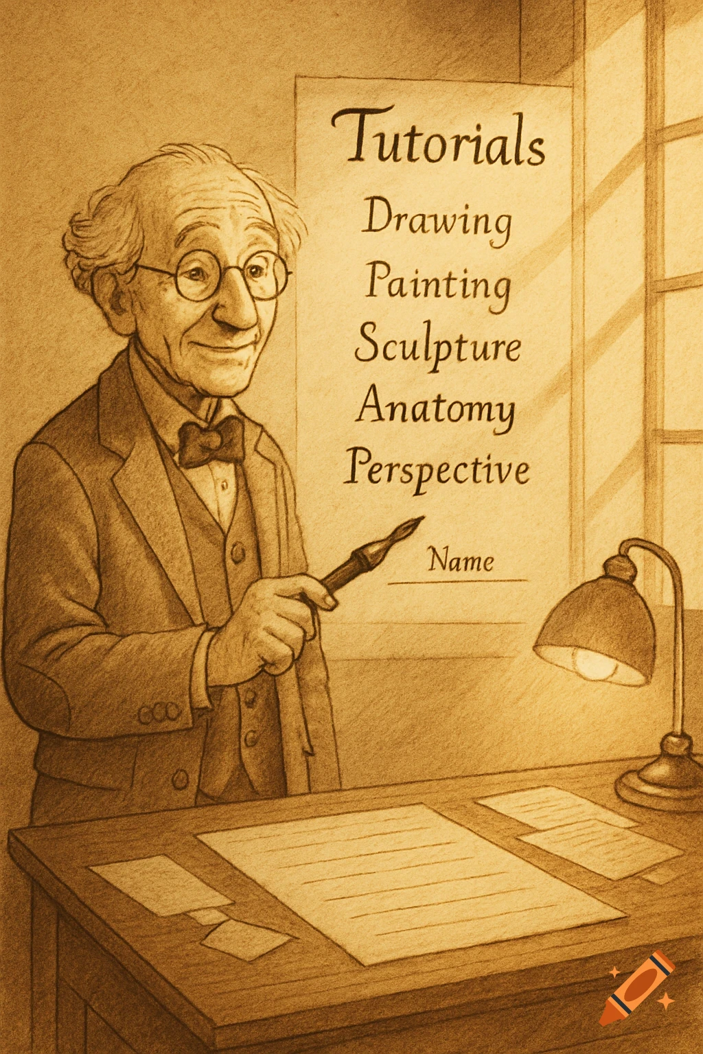 An old man with glasses and a bow tie stands beside a list of art tutorials, holding a pen, in a sepia-toned illustration.