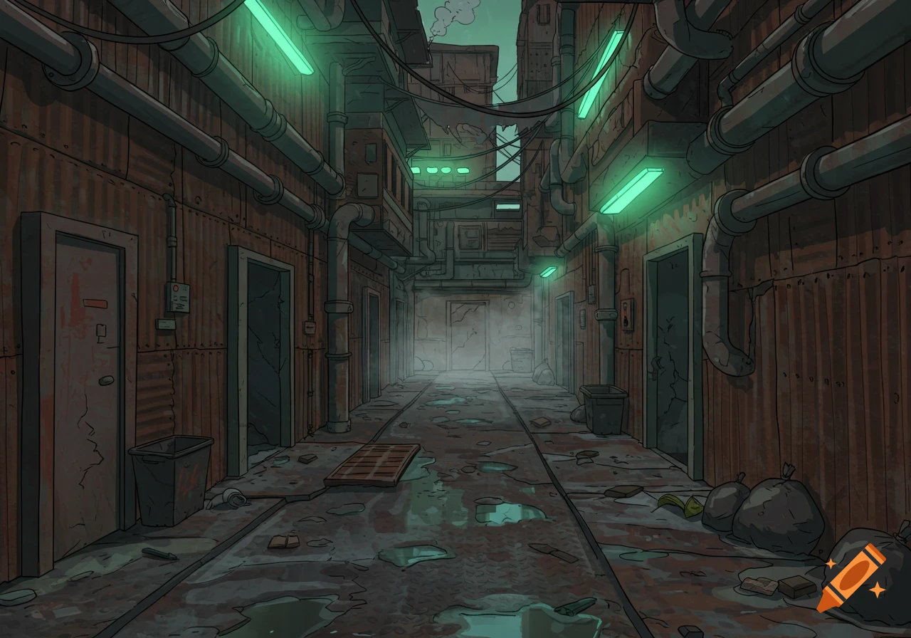 Cel-shaded 2D cartoon of a dark, narrow dystopian alleyway with green neon lights, rusted walls, exposed pipes, puddles, and scattered trash.