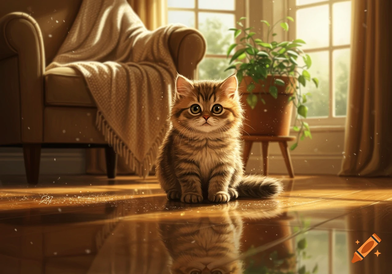 A cute, fluffy tabby kitten with large eyes sits on a reflective wooden floor in a sunlit room, with an armchair and plant in the background.