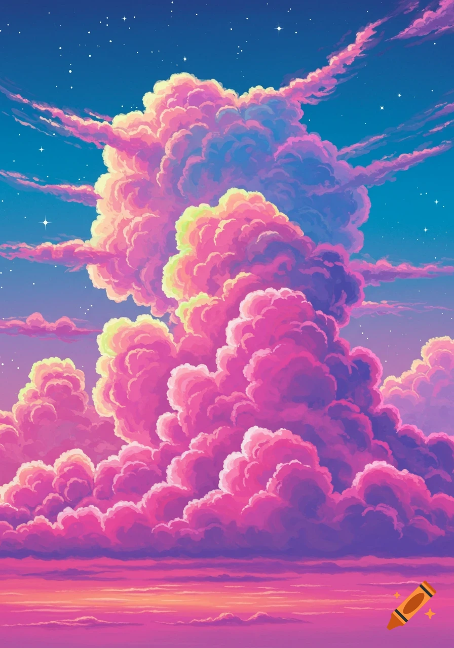 Vibrant pixel art clouds in shades of pink, purple, and blue fill a starry sky during sunset or sunrise.