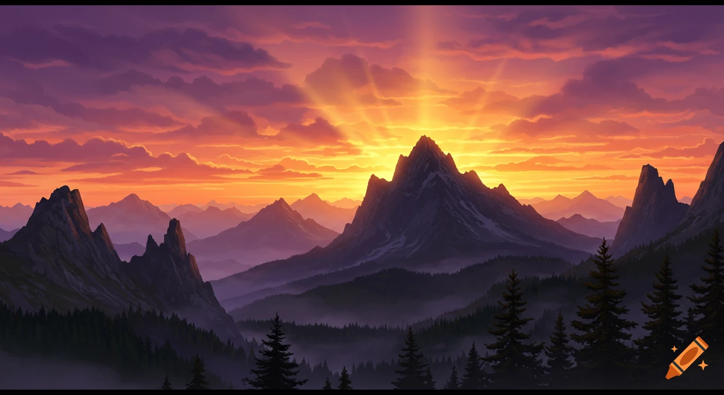 A vibrant sunset over jagged mountains, with an orange and purple sky and misty valleys, in a stylized art style.
