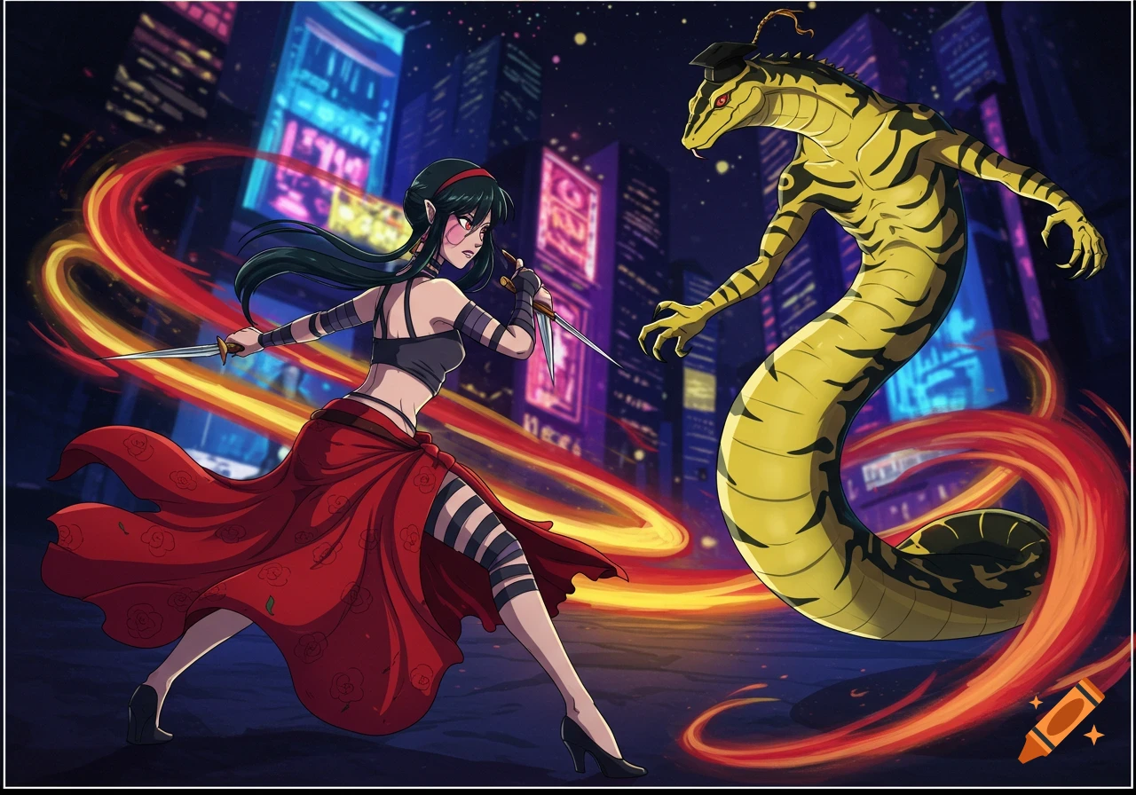 Anime style: A woman with daggers faces a giant yellow striped snake-like monster wearing a graduation cap in a neon city.