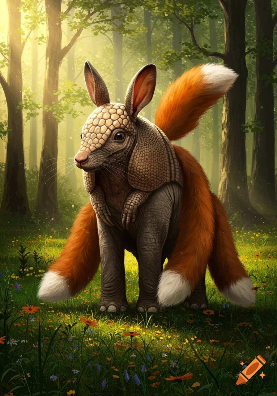A fantastical hybrid creature with an armadillo head, rabbit ears, elephant body, and two fox tails stands in a sunlit forest.