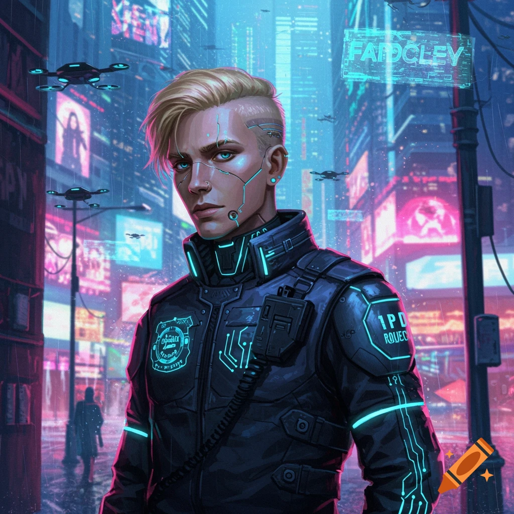 A cyberpunk character with blonde hair and cybernetic implants, wearing a tech-infused jacket, stands in a neon-lit futuristic city.