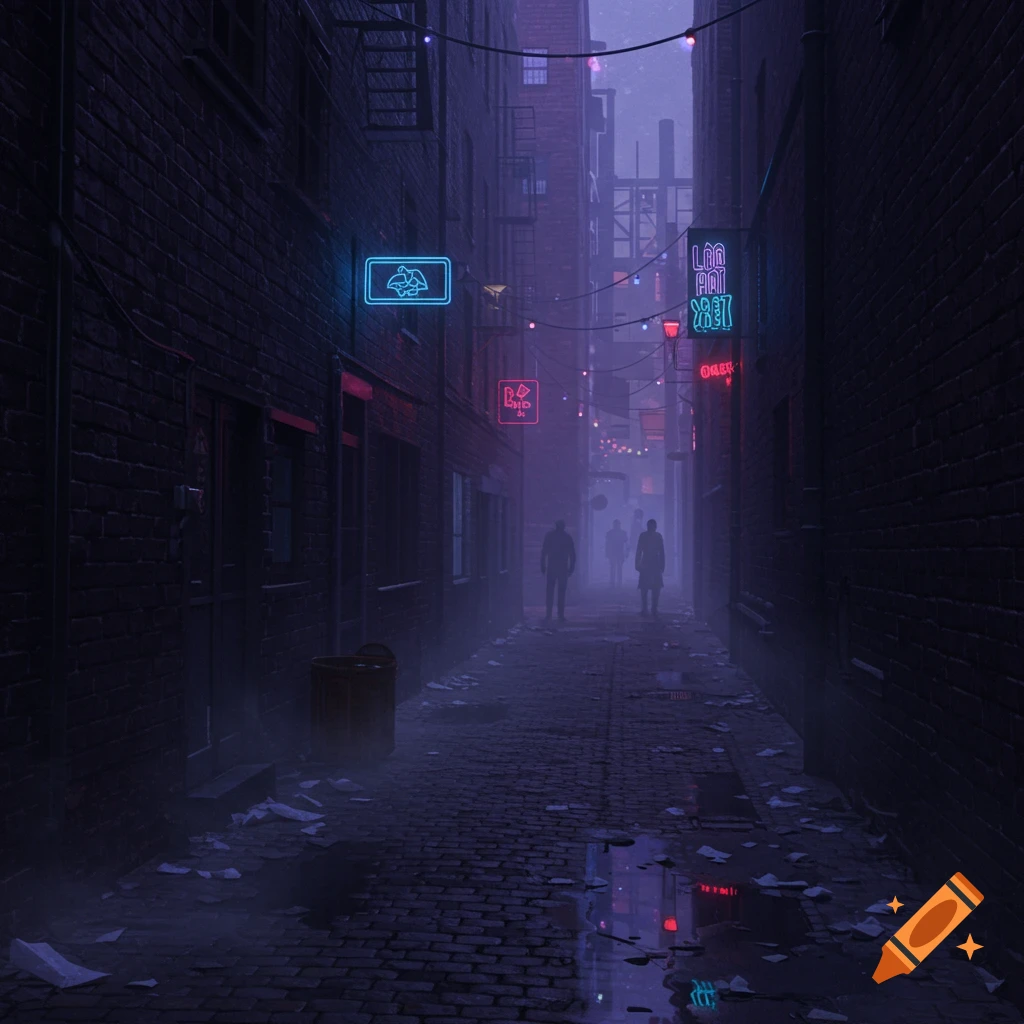 A dark, mysterious urban alleyway at night with purple and blue neon signs, fog, and distant silhouettes of people, in a cyberpunk style.