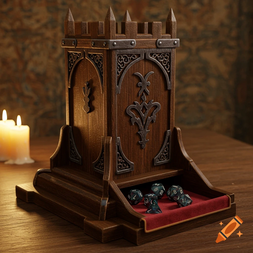 A wooden dice tower with ornate metalwork, filled with dark green dice on a red velvet tray, next to two lit candles on a wooden table. Photorealistic.