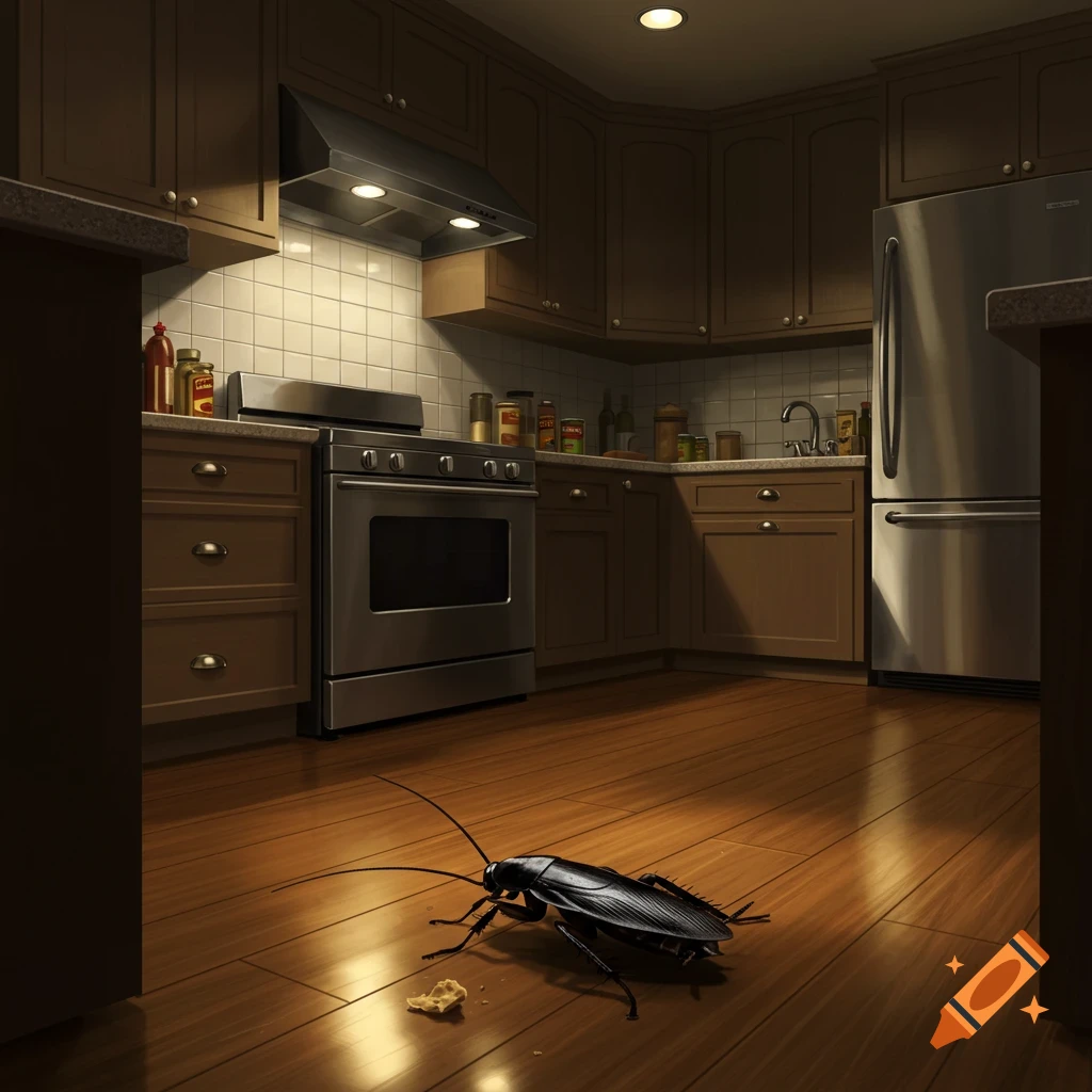 A large black cockroach sits on a polished wooden kitchen floor in a dimly lit kitchen.