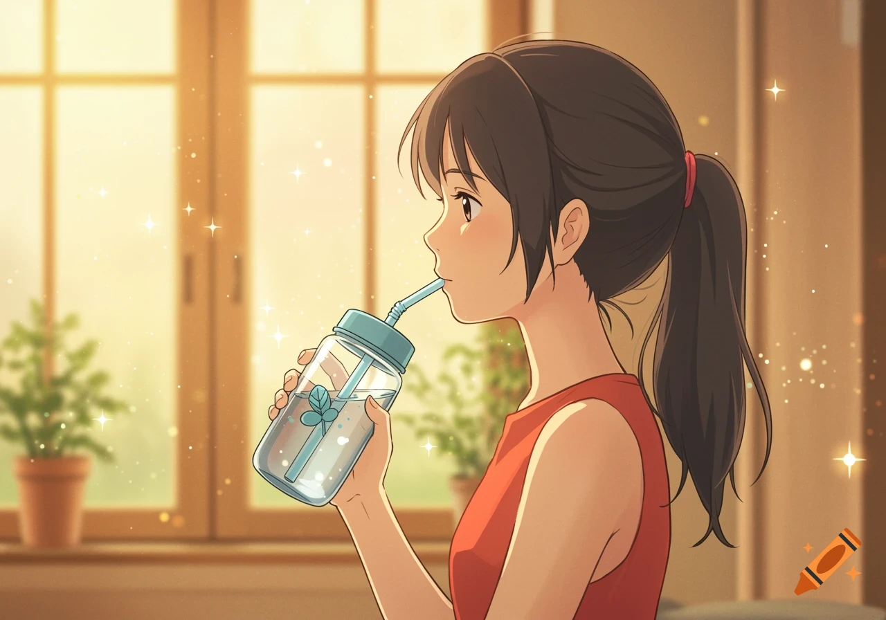Anime illustration of a girl with dark hair in a ponytail drinking from a water bottle in a warm, sunlit room.