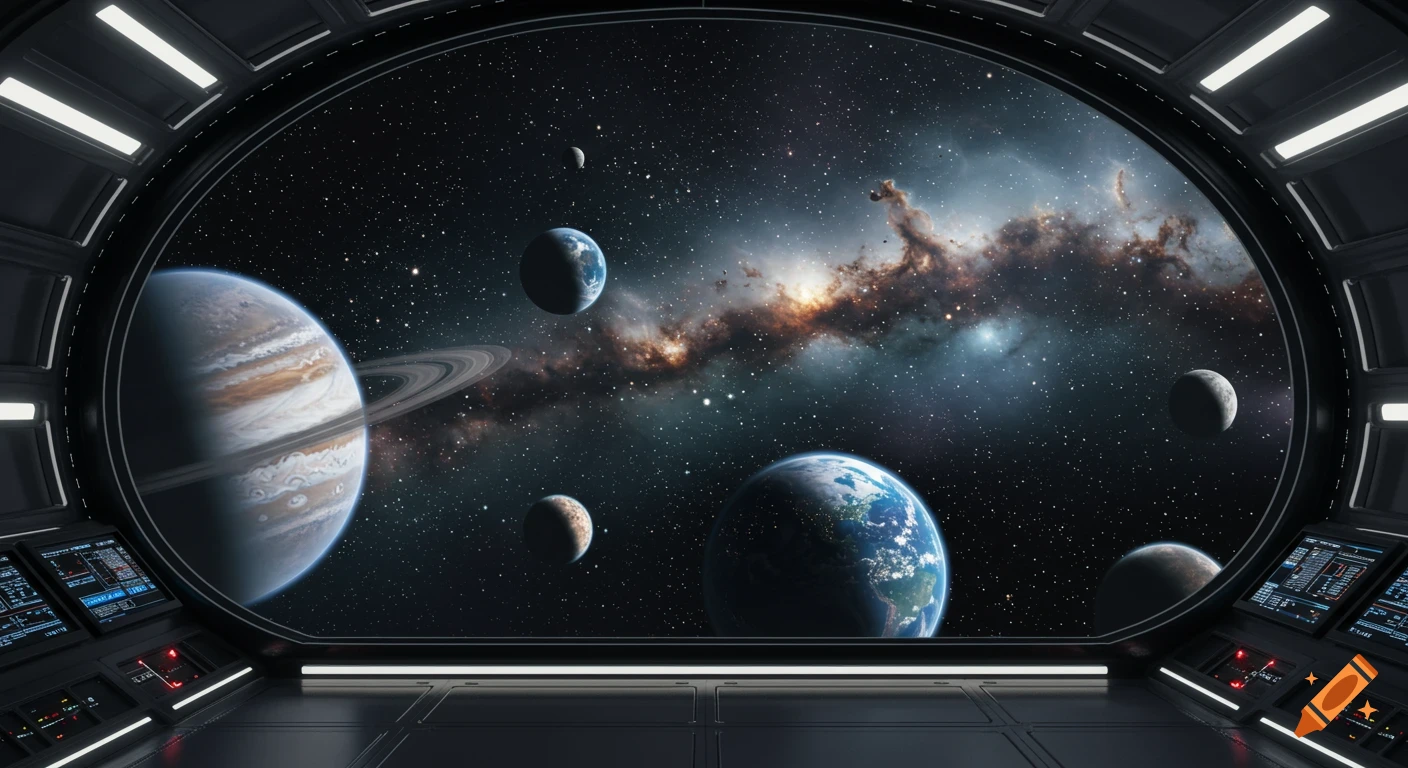 A photorealistic view from a spaceship cockpit window showing Jupiter, Earth, and other planets against a backdrop of stars and a colorful galaxy.