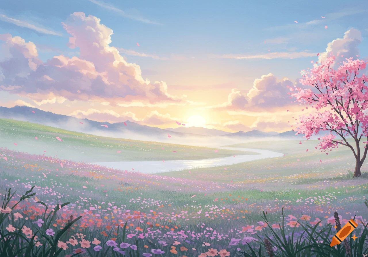 Vibrant anime-style landscape with a winding river, colorful wildflowers, and a pink cherry blossom tree under a pastel sunrise sky.