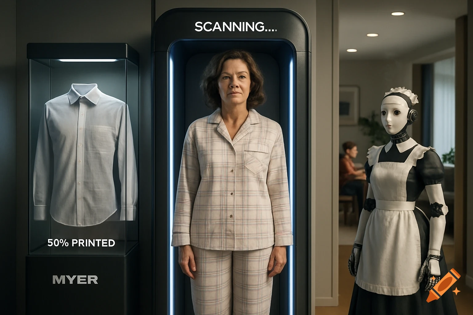 A woman in pajamas stands in a scanning machine while a robot maid watches. To her left, a display case shows a partially printed shirt. The text "SCANNING....", "50% PRINTED", and "MYER" are visible.
