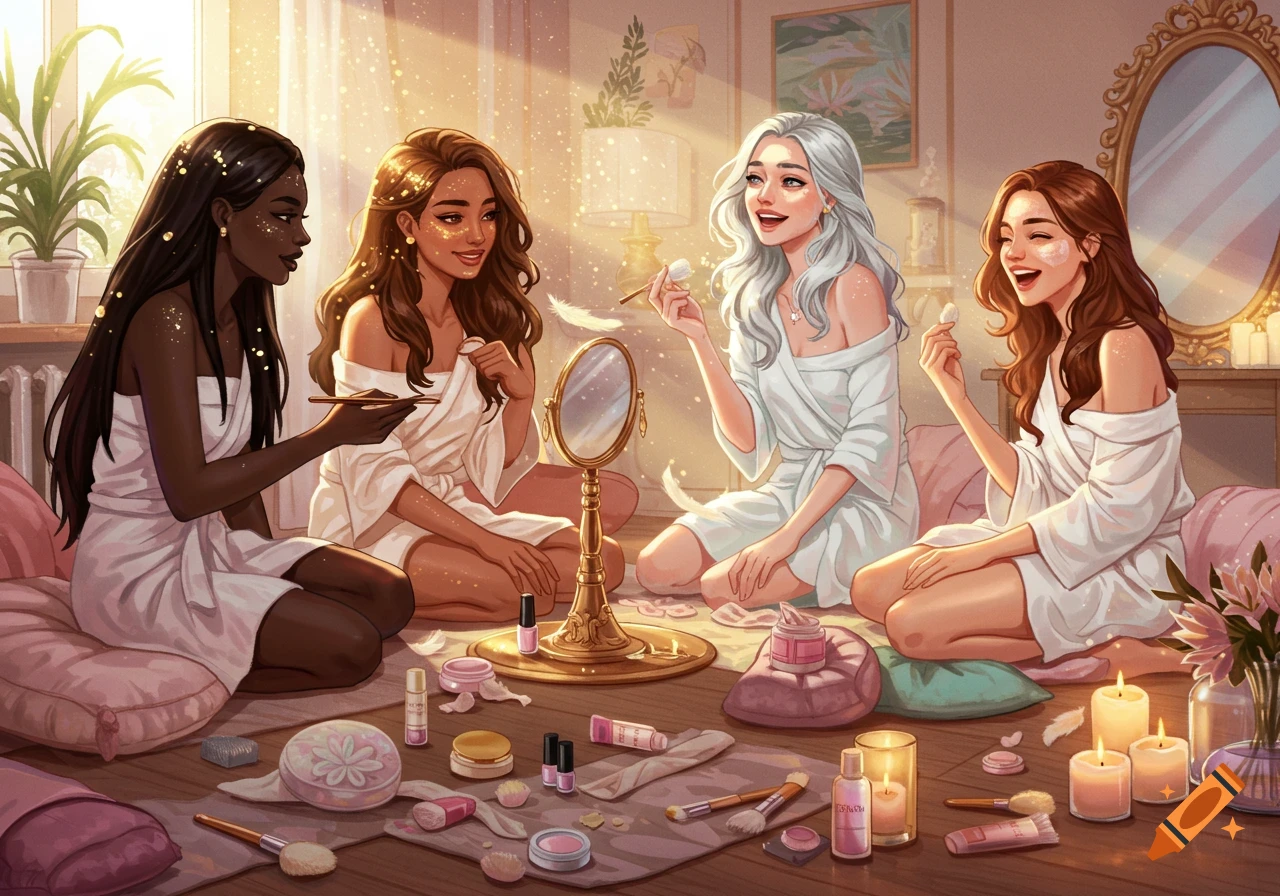 Four diverse young women in white robes are sitting on the floor, enjoying a spa and makeover party with makeup and candles, in an illustrative style.