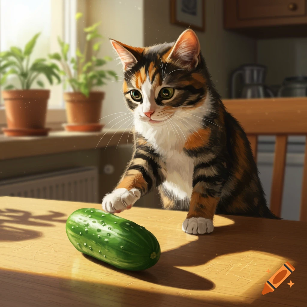 A calico kitten with green eyes playfully reaches for a green cucumber on a wooden table in a sunlit kitchen.