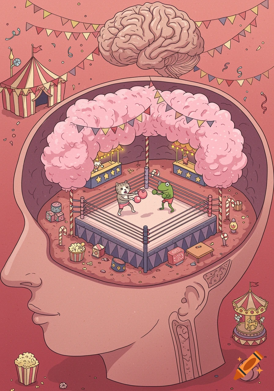 Cartoon illustration of a human head with a carnival scene inside, featuring a cat and a frog boxing in a ring made of pink cotton candy.