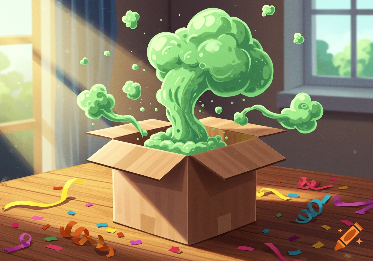A cartoon green cloud of gas erupts from an open cardboard box on a wooden table, surrounded by colorful confetti and streamers in a bright room.