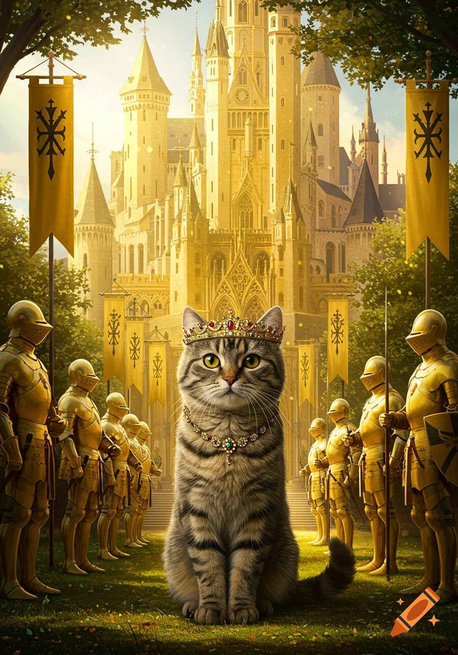 A majestic tabby cat wearing a golden crown and necklace sits in front of a grand golden castle, flanked by lines of golden armored knights.