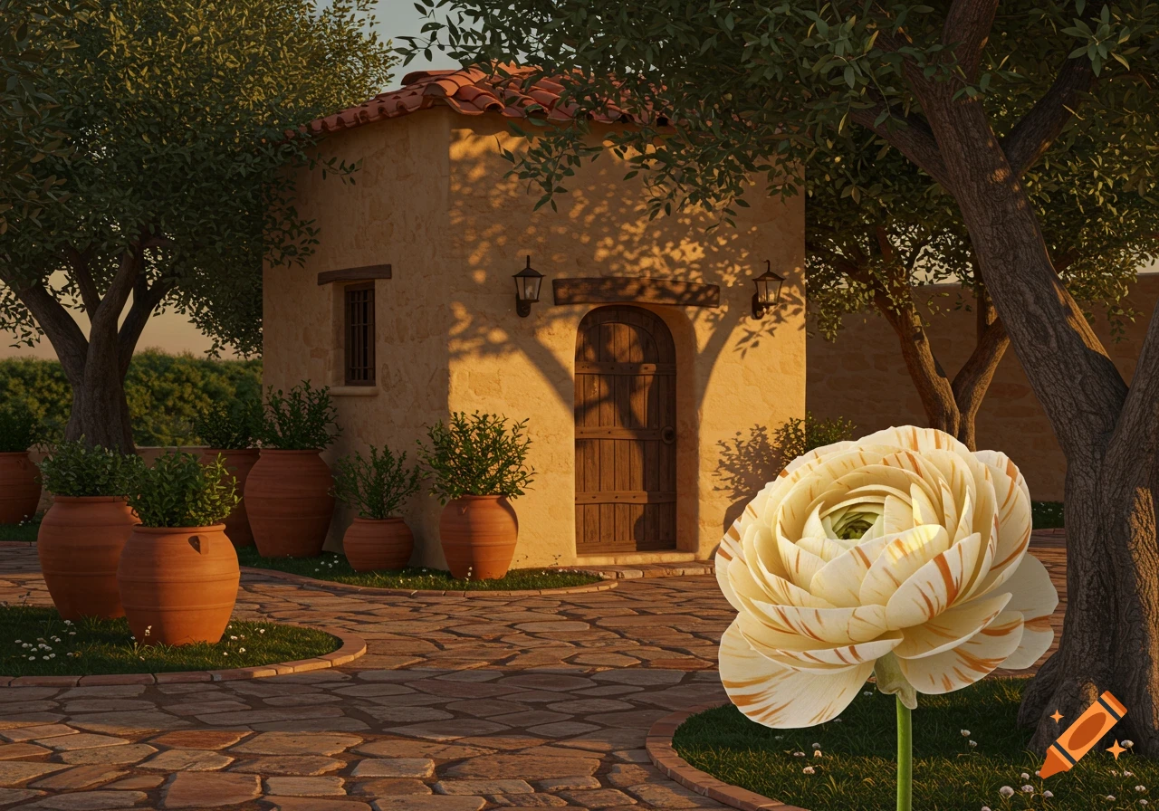 A large cream and orange striped flower in the foreground of a Mediterranean-style building with trees and potted plants on a stone path.
