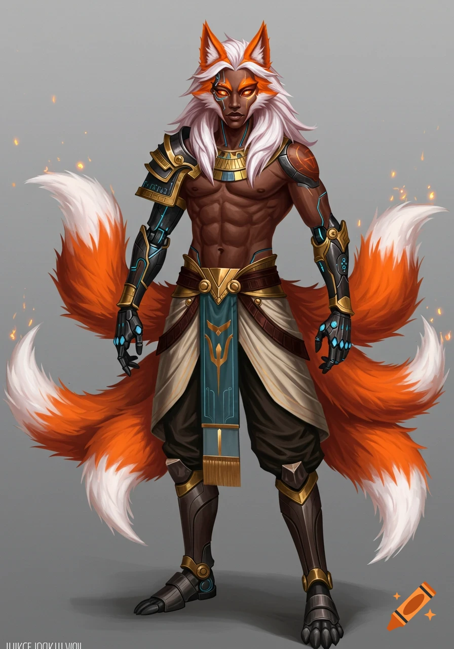A muscular dark-skinned humanoid fox with white hair, orange ears and tails, glowing eyes, and bionic Egyptian-inspired armor.