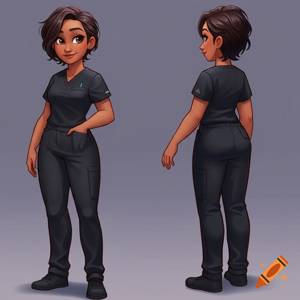 A full body front and back view of a cartoon woman with short brown hair, wearing black medical scrubs in a Disney/Pixar style.